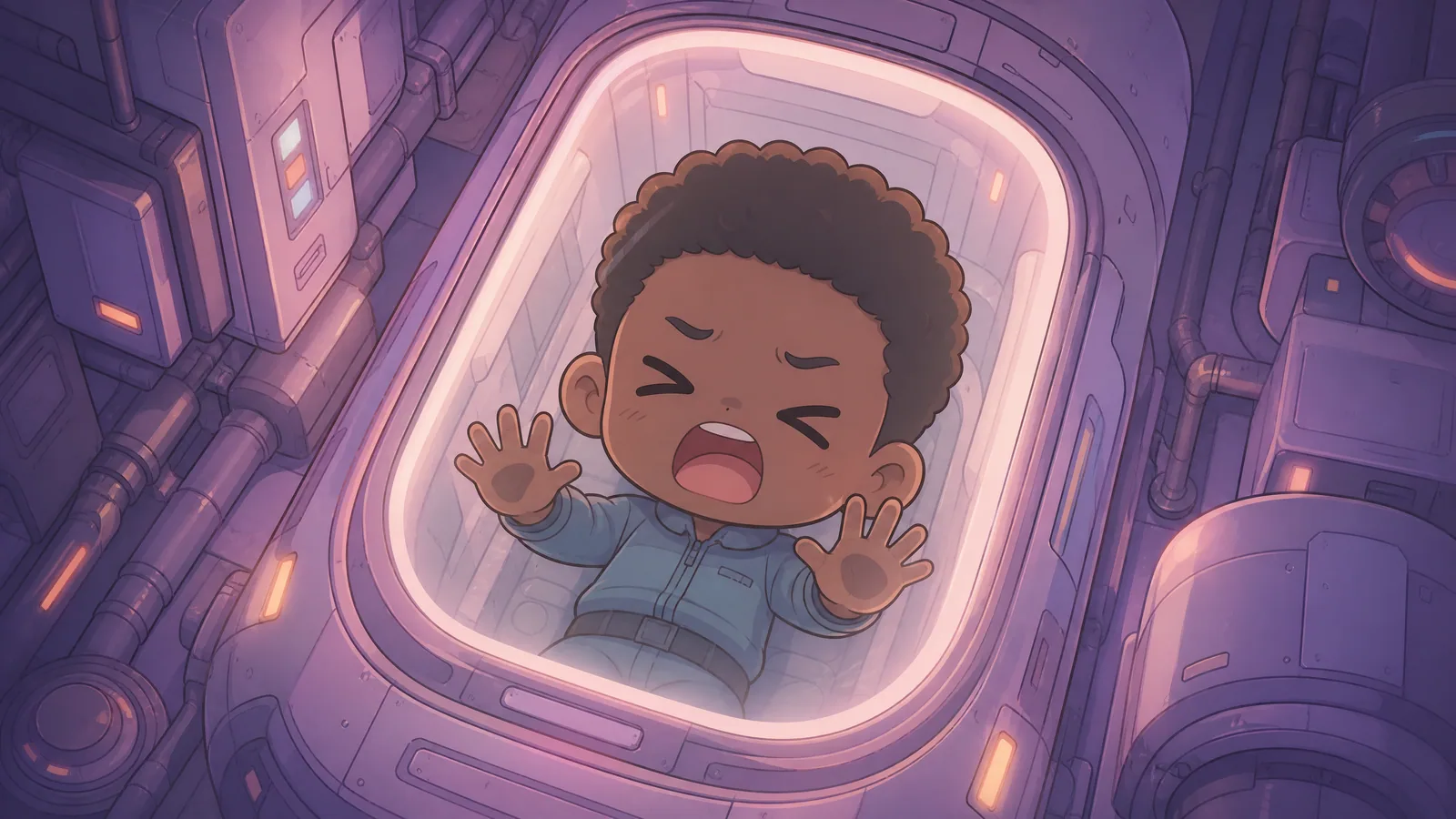 Comic book panel. Top-down view of Max lying flat inside a sleek sci-fi cryotube. Only the edges of the tube are visible at the corners of the frame, so the panel reads as a tight crop on his face and upper chest. His…