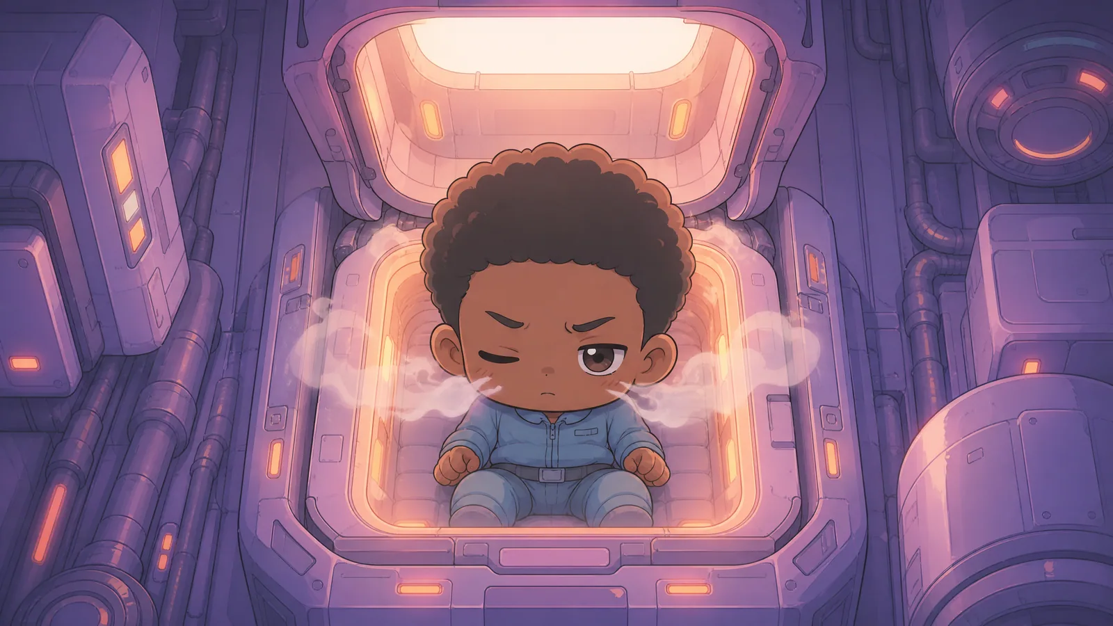 Comic book panel. The scene should match this text from the comic: "A lid unfolded above him. White light slammed down. Cold vapor crawled out of the capsule and over his face like curious fingers." Max is a Black mal…
