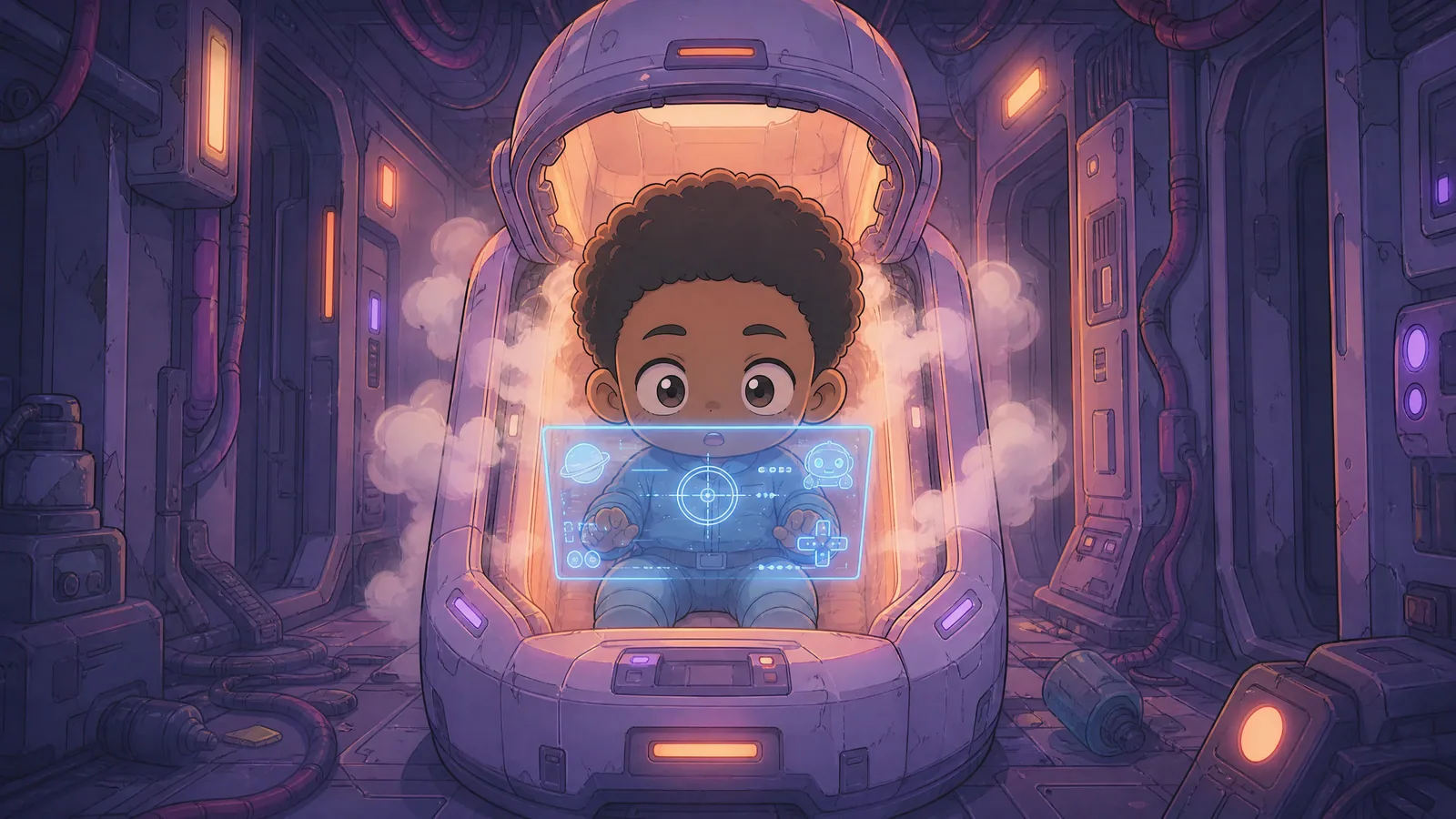 Comic book panel. The scene should match this text from the comic: "Blue text appeared between Max and the light. It was not on glass. It was not on a screen. It was just there." Max is a Black male character with war…