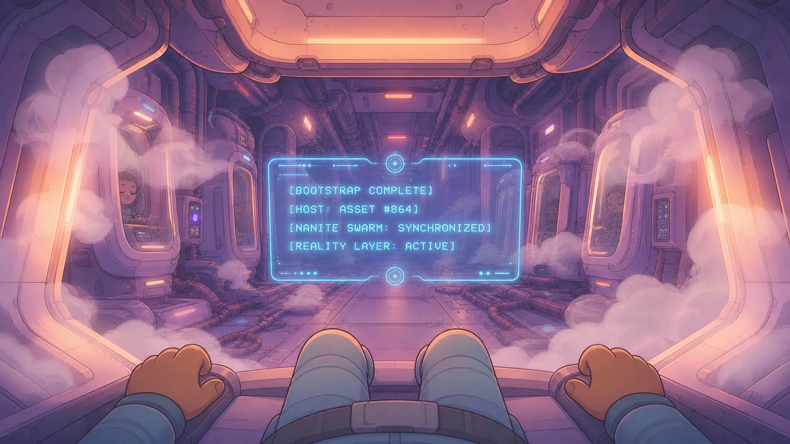 Comic book panel. The scene should match this text from the comic: "His mouth tasted like copper and freezer burn. His heartbeat showed up as a thin red line in the corner of the HUD, optional telemetry, as if his bod…