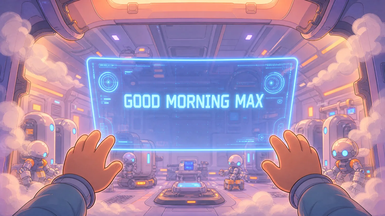 Comic book panel. The scene should match this text from the comic: "Another box. Max slapped at the air. The text stayed exactly where it was, as if nailed to the universe." A glowing screen or HUD in the scene reads …
