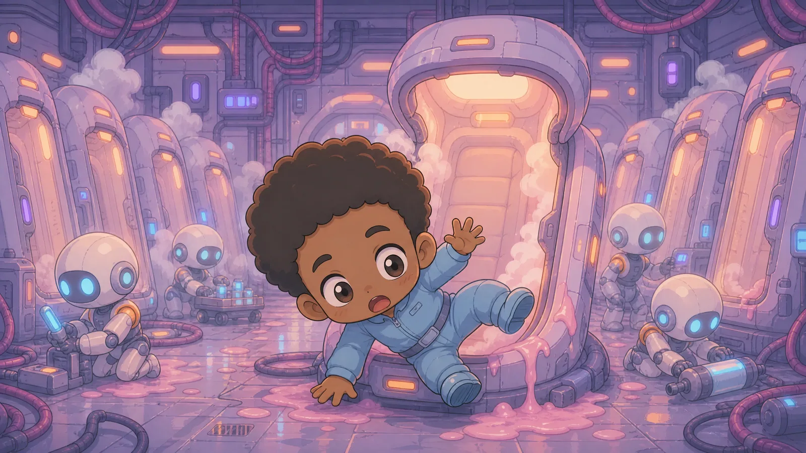 Comic book panel. The scene should match this text from the comic: "He sat up too fast, bounced off a restraint strap he hadn't noticed, and fell sideways out of the cryopod in a spill of thaw gel and dignity." Max is…
