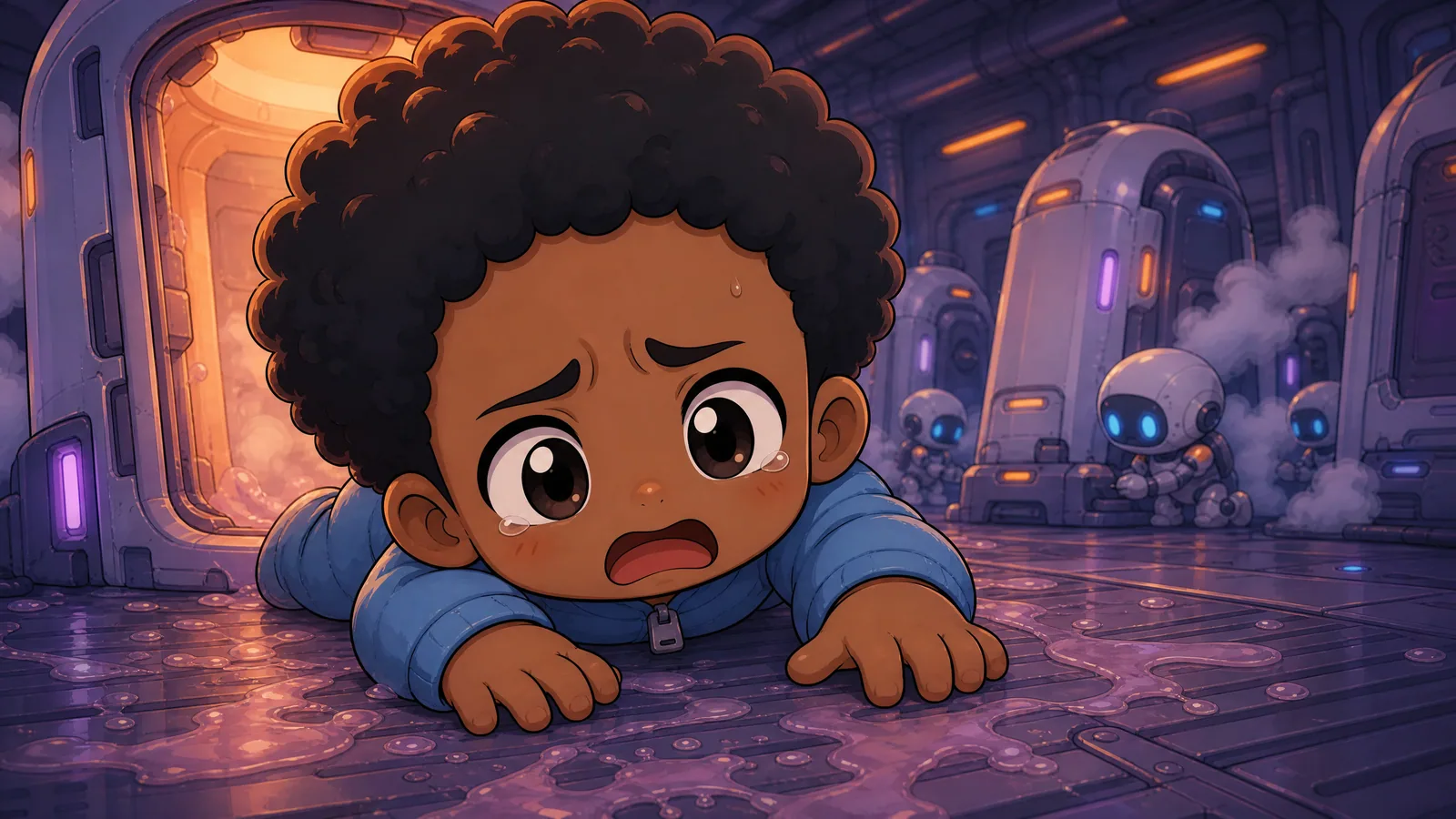 Comic book panel. The scene should match this text from the comic: "The floor was ribbed steel, freezing, and sticky with something that had dried years ago." Max is a Black male character with warm brown skin, round …