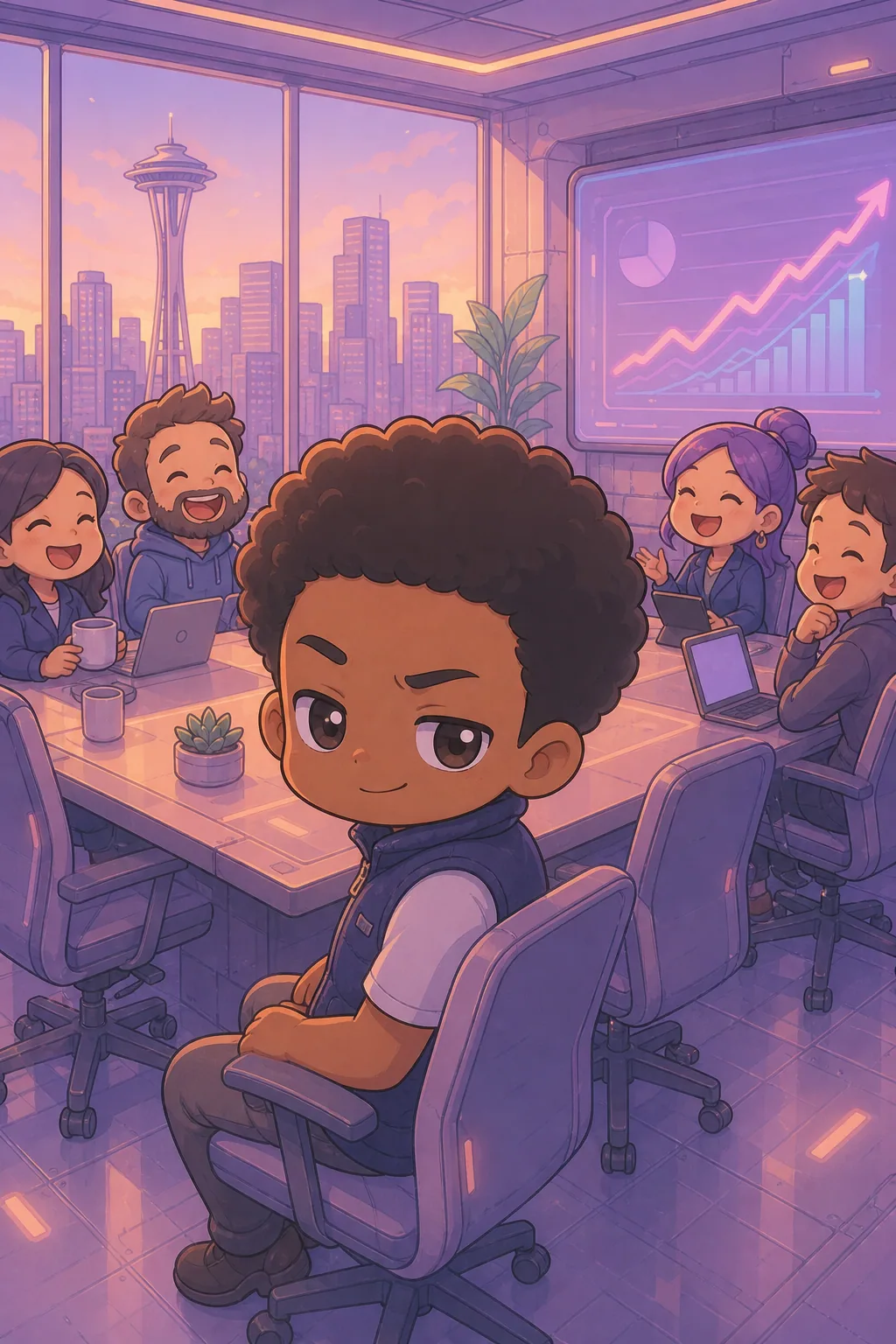 Comic book panel. The scene should match this text from the comic: "An office. A morning meeting. A roadmap. A product manager saying, "We only need this to scale to fifty million users by Friday." Max saying, "Then w…